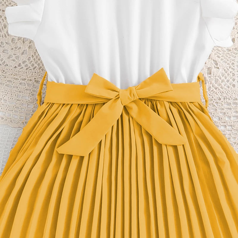 Emma Kids Dress for Girls with Pleated Skirt and Bow Tie