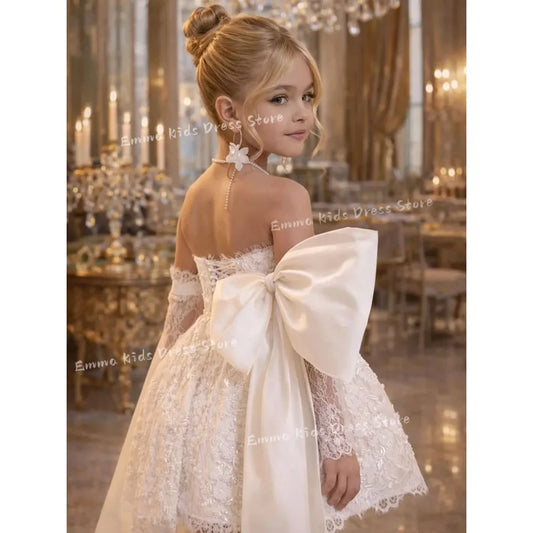 Custom Flower Girl Dress White Tulle Wedding Floral Appliqué Multi-layer Sleeveless Dress
