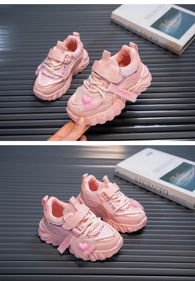 Girls Sports Shoes Kids Running Sneakers for School Fashion Cute Shiny Non-slip Children's