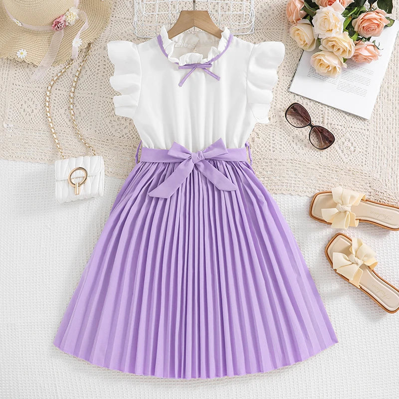 Emma Kids Dress for Girls with Pleated Skirt and Bow Tie