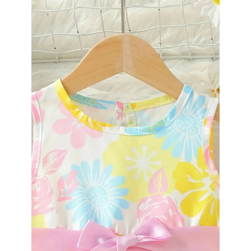Baby Girl's Floral Print round Neck Sleeveless Dress with Pink Bow Waistband Sweet Cute Summer Casual Daily Outfit