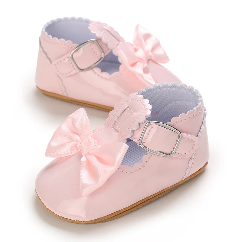 Baby Girls Shoes Classic Bowknot Rubber Sole Anti-slip PU Girls Dress Shoes