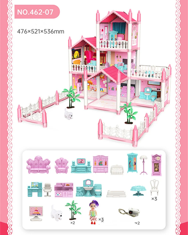 Girls Toddler Doll House - Large Doll House with 4 Dolls, Furniture, Accessories, LED Lights, 4 Stories Princess Dream House Toy