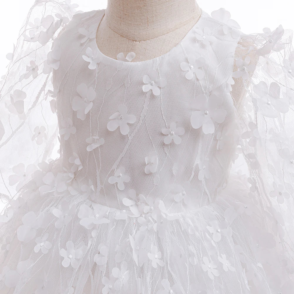 Baby Girls Flowers Tulle White Princess Dress With Headband For Infant Baptism
