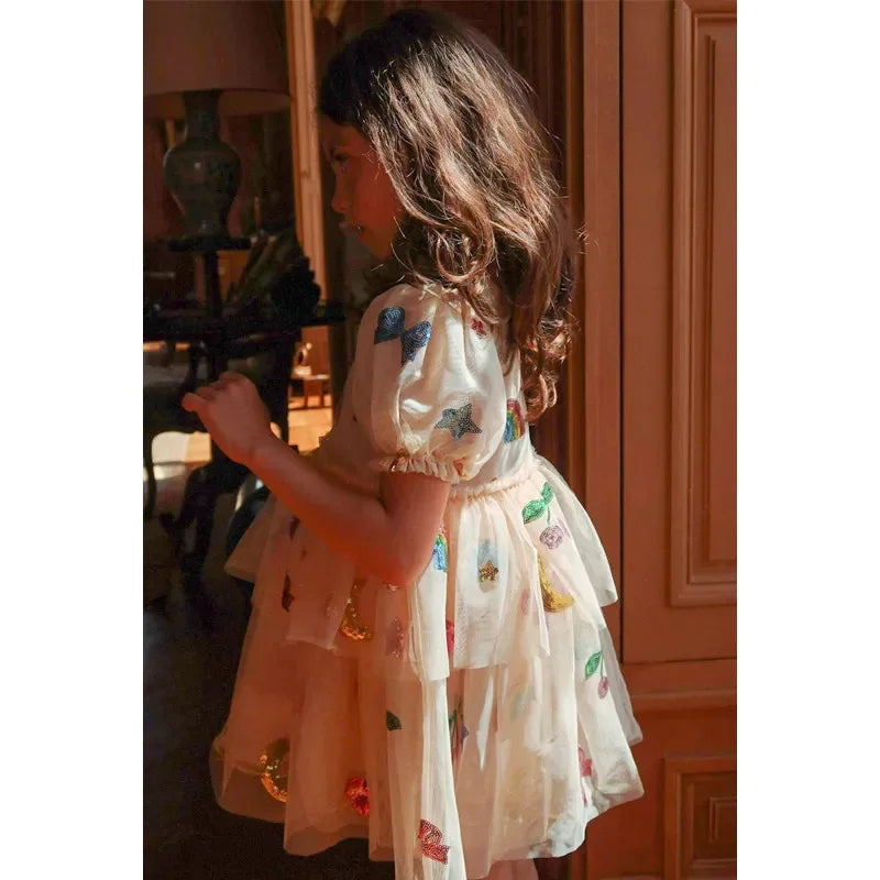 Girls' Dress 2025 Summer Danish New Cute and Fashionable Bow Sequin Princess Dress