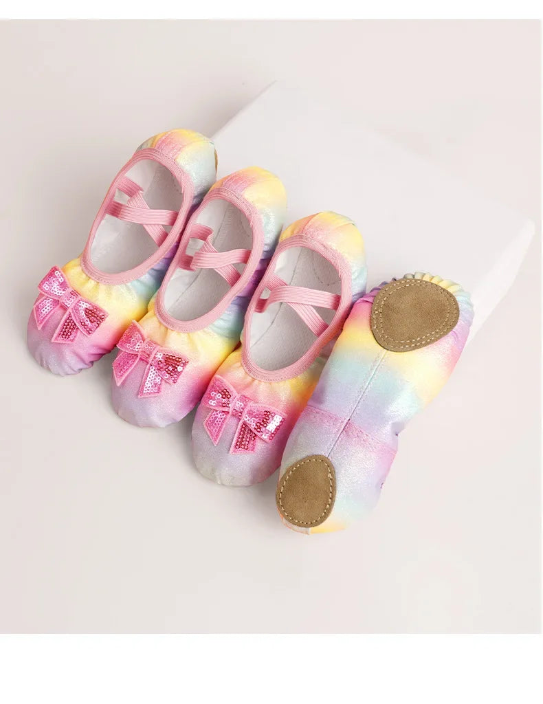 Children's Dance Shoes Girls Ballet Flats Shoes Rainbow Bow Sequins Leather Soft Soled