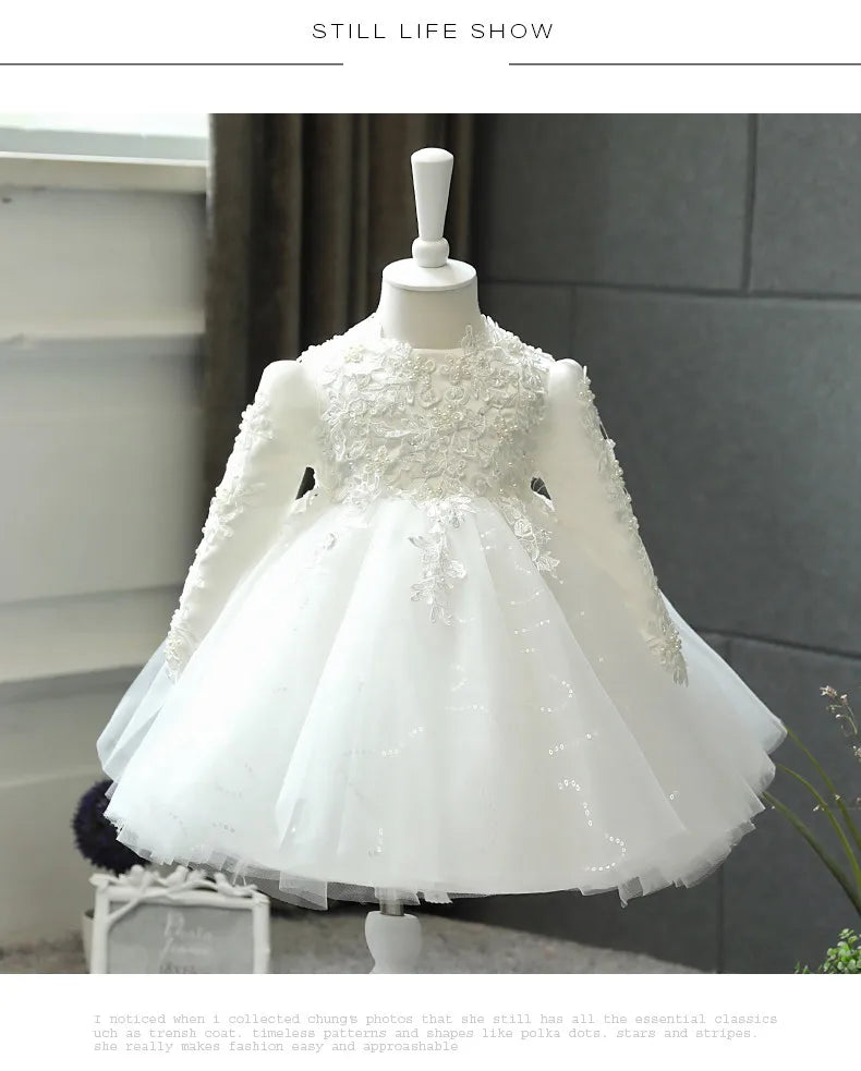 Baby Girl Wedding Dress Long Sleeve Newborn Girls Christmas Princess Gowns Beads Lace Infant Kids 1 Year Birthday Baptism Dress