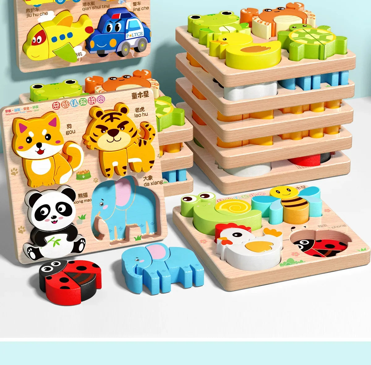 Montessori Cartoon 3D Wooden Puzzle Animal Traffic Jigsaw Toys