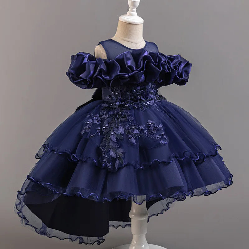 Girls Flower Girl Dress with Train Tulle Princess Gown Christmas Birthday Party Pageant Formal Dresses Kids Children Clothing