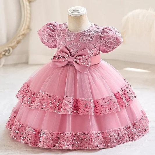 Fashion Bow Girls Party Dresses Cotton Short Sleeve Bridesmaid Dress