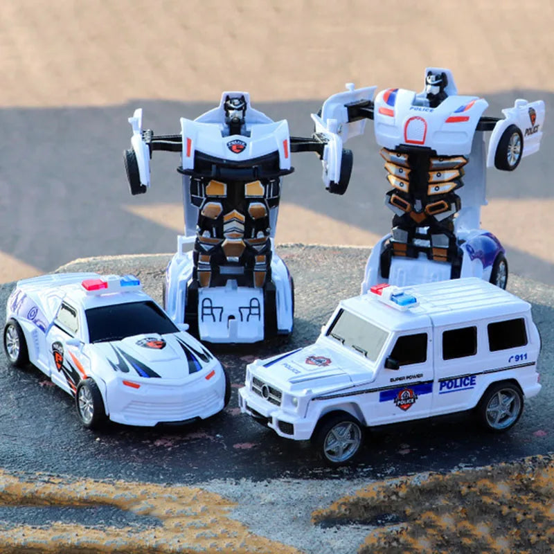 2 In 1 Car Toys Children's Collision Automatic Deformation Police Car Toy Boy Inertia Impact One-Button Transform CarRobot Model
