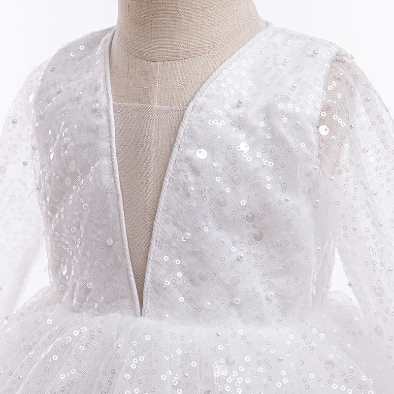 White Costume for Girls Puffy Dress Long Sleeve Sequin Evening Dress