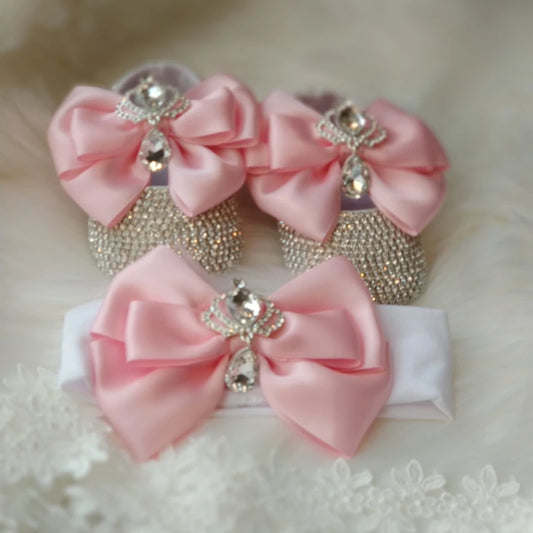 Dollbling Baroque Pink Rhinestones Baby Girl Shoes First Walker Headband Set Sparkle Crystals Princess Shoes