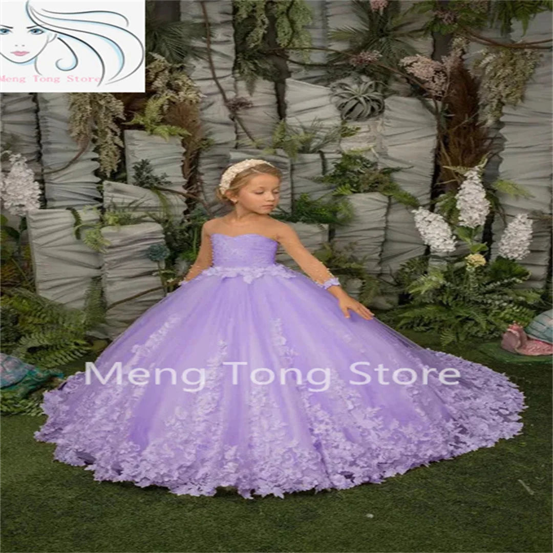 Elegance Flower Girl Dress Three Quartersleeve Appliqué Children Wedding Party Dress