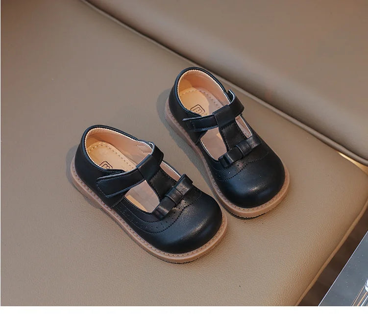 Girl's Bow Princess Shoes Leather Shoes 2026 Spring New Fashion Soft Sole Children's Single Shoes Soft Sole T-strap Kids Shoes