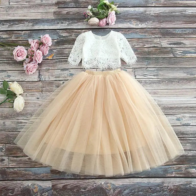 Children Set Clothing for Girls Half Sleeve Lace Top+Champagne Pink Long Skirt dress