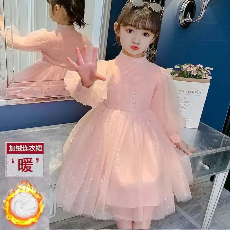 2023Girls' Autumn Winter New Fashion Half High Neck Long Sleeve Dress