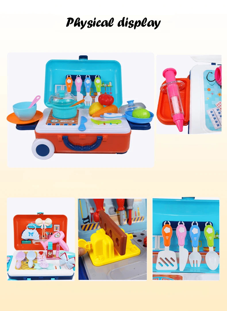 Children's Simulation Play House Kitchen Toys Girls Beauty Portable Tools Utensils Tableware Trolley Case Doctors Medical Kit