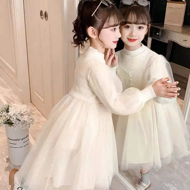 2026 spring  Teens Girls white Cloth long sleeve party knitted mesh lace layered  dress