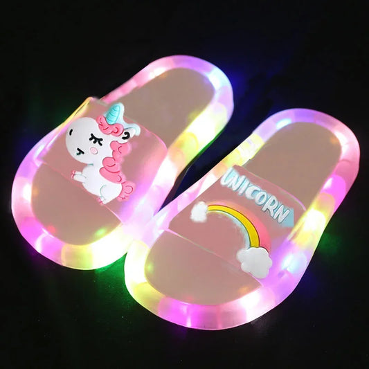 Children‘s Boys Girls Slippers Cartoon Unicorn Animals Prints Shoes Lighted