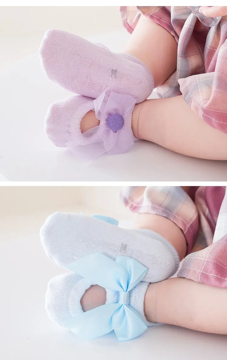 3 Pair Baby Girl Ankle Socks Lace Bow Infant Anti Slip Socks Newborn Princess Pearl Low Cut Socks Children Home Floor Shoes