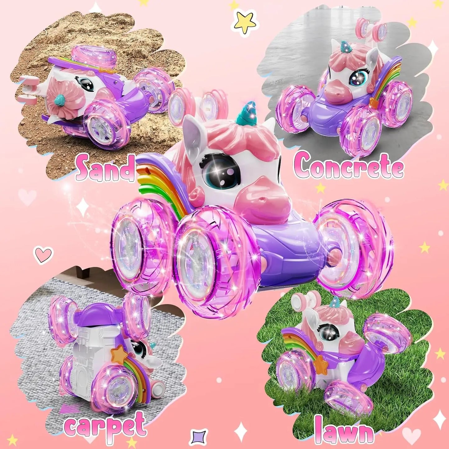 Unicorn Remote Control Car for Girls, 360° Rotating 4WD Stunt RC Cars with Cute Lights