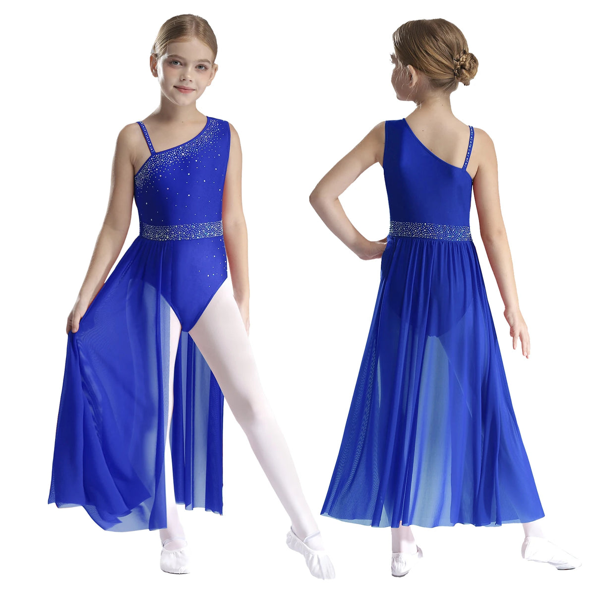 Girls Delicate 3D Flower Lyrical Dance Dress Asymmetrical Ruched Long Dress Gymnastics Modern Dance Clothes Performance Dress
