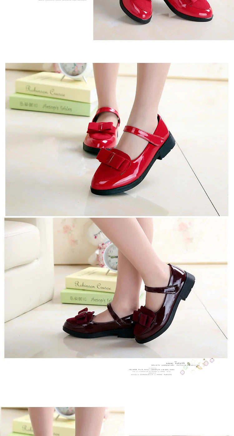 Girl Princess Leather Shoes PU Casual Baby Black Red Girls Fashion Brand Glossy Dance Shoes