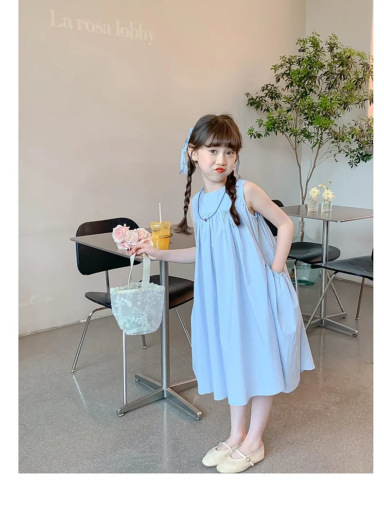Ana Summer Junior Girl Sleeveless Dress Solid Side Cotton Dress