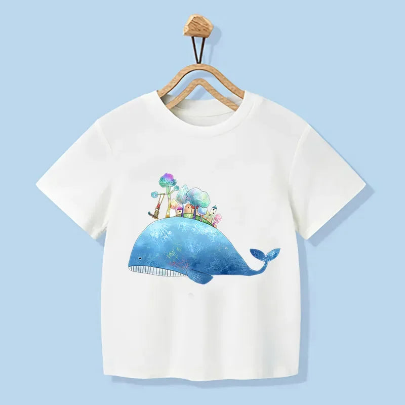 Joseph Whale Print Cartoon Kids Tees