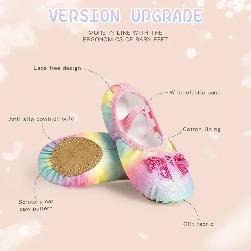 Children's Dance Shoes Girls Ballet Flats Shoes Rainbow Bow Sequins Leather Soft Soled
