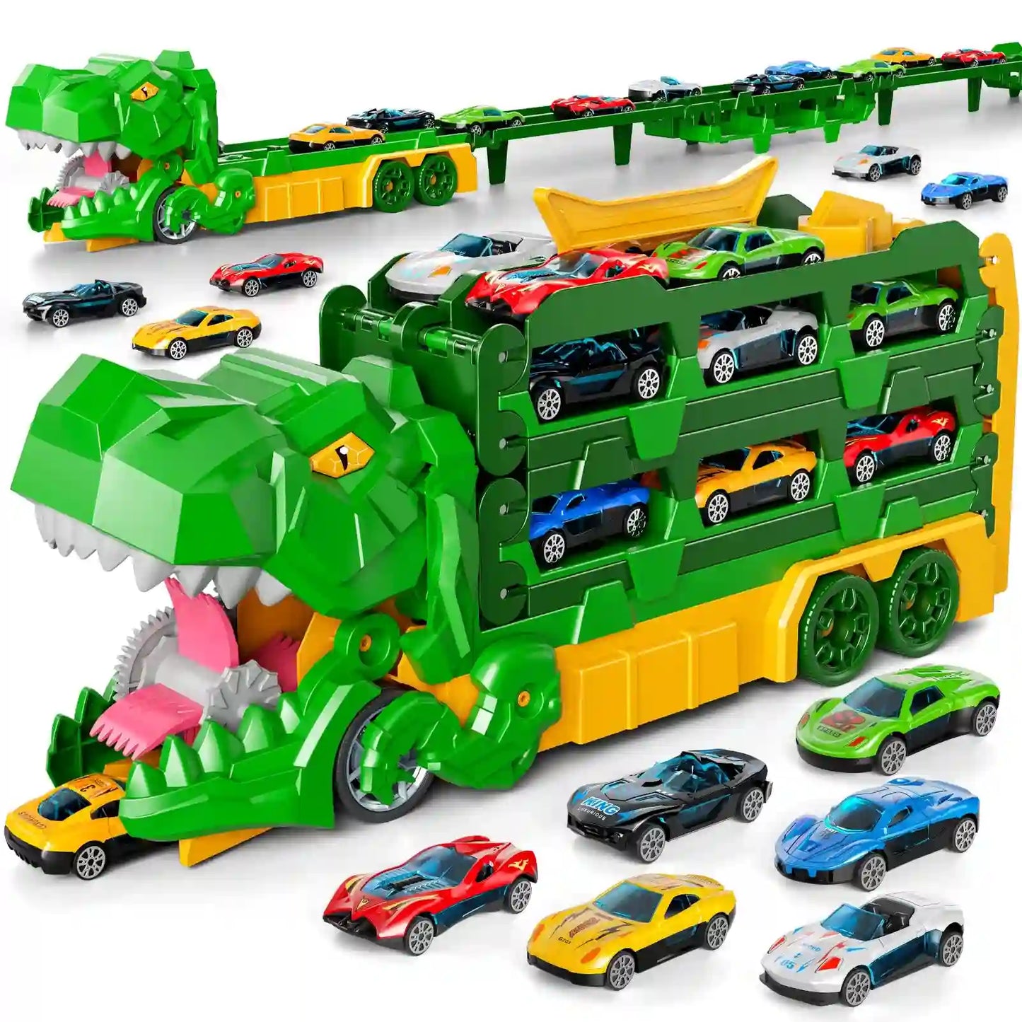 Dinosaur Truck Toy Set with Die-Cast Racing Cars for Kids