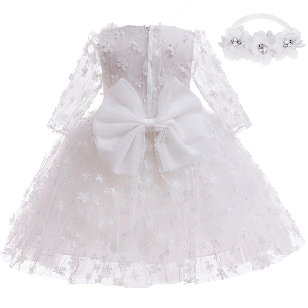 Baby Girls Flowers Tulle White Princess Dress With Headband For Infant Baptism