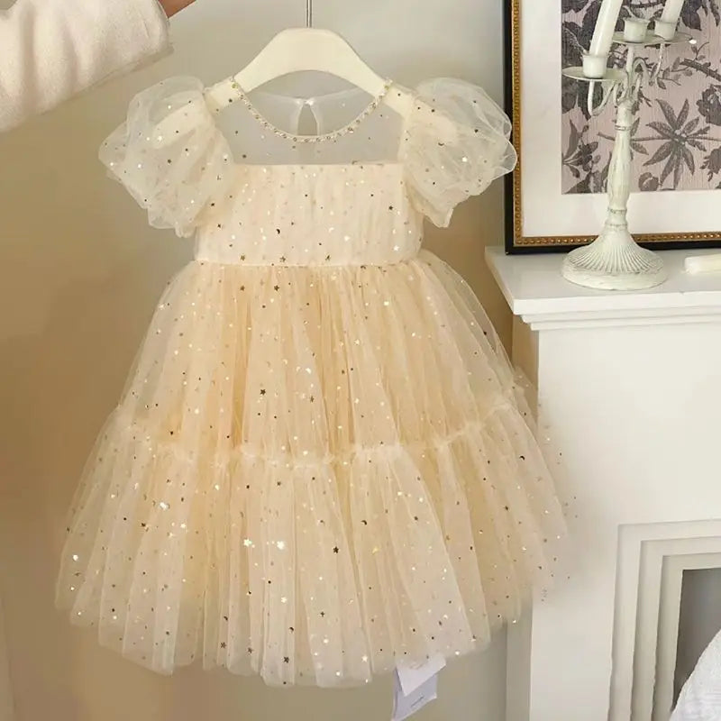 Summer Dresses Girls' Elegant Dress Girl Baby Bubble Sleeve Mesh Sequin Dress