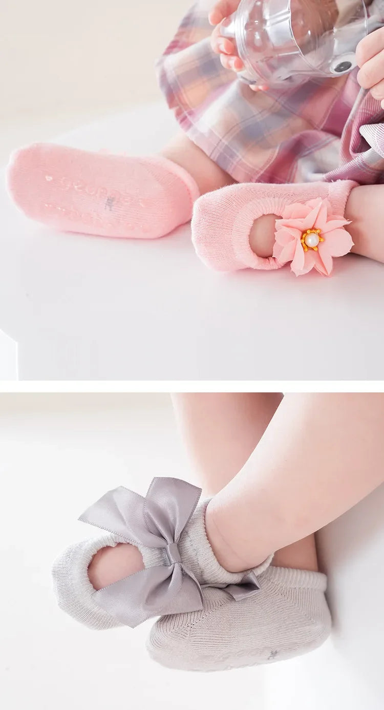 3 Pair Baby Girl Ankle Socks Lace Bow Infant Anti Slip Socks Newborn Princess Pearl Low Cut Socks Children Home Floor Shoes