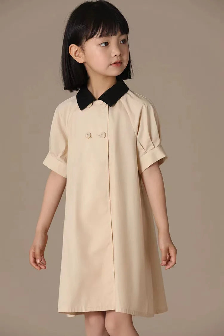 Girls Dress 2025 Spring Summer New Simple Temperament Cotton Contrasting Turn-down Collar Dress