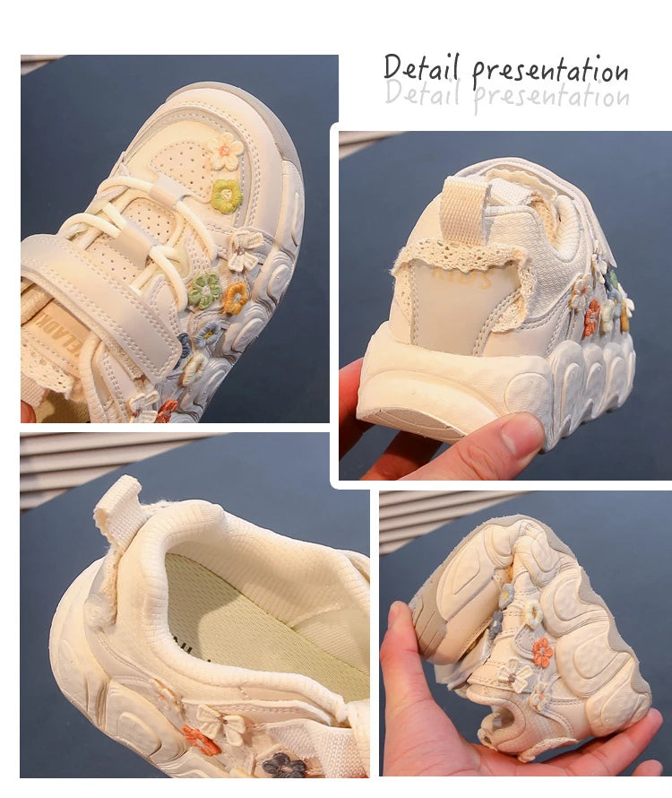 Fashion Leather Sneakers for Girls Children Casual Sports Shoes Floral Pattern Shoes for Kids Comfortable Walking Shoes
