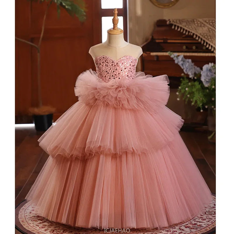 Girls Pageant Dress Stage Host Gown Kids Piano Performance Outfit Birthday Party FlowerWalking Formal Wear Girl Wedding Show