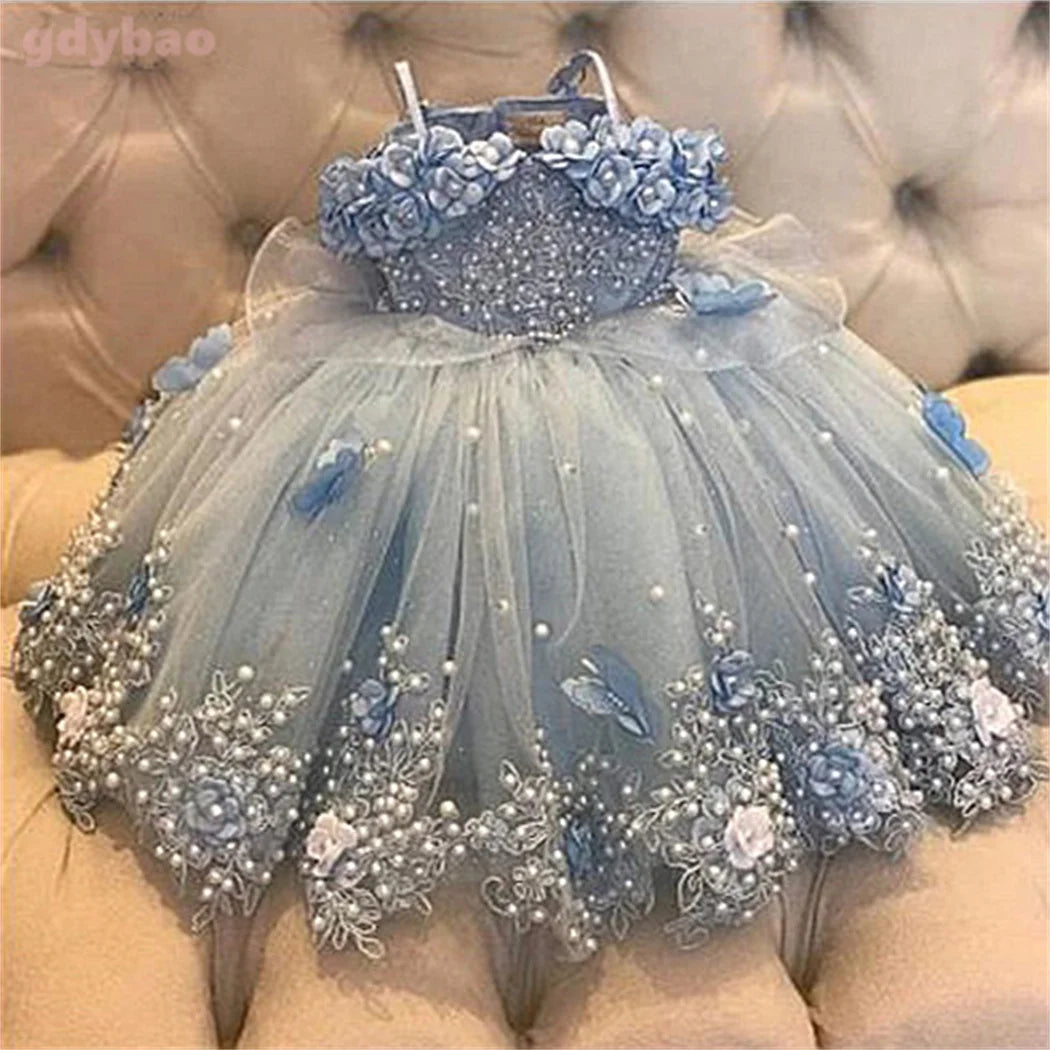 Baby Girls Dresses Off Shoulder Pearls Lace Butterflies Flower Girl Dress