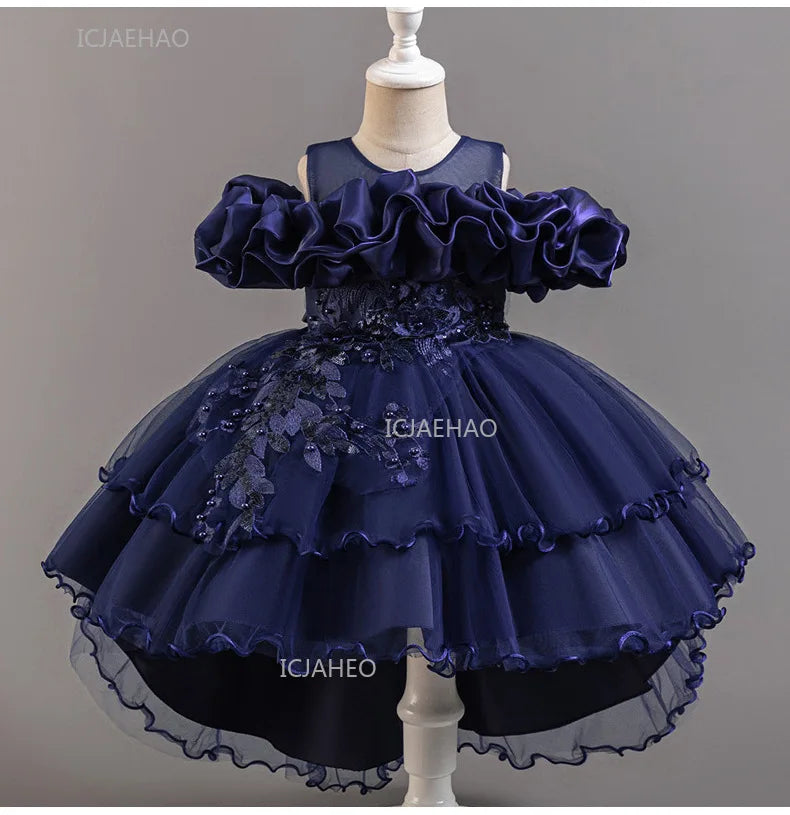 Girls Flower Girl Dress with Train Tulle Princess Gown Christmas Birthday Party Pageant Formal Dresses Kids Children Clothing