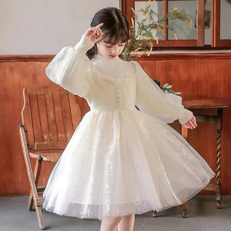 2023Girls' Autumn Winter New Fashion Half High Neck Long Sleeve Dress