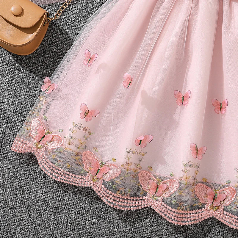 Dress For Girls Yellow O-Neck Fly-Sleeve Tulle Bowknot