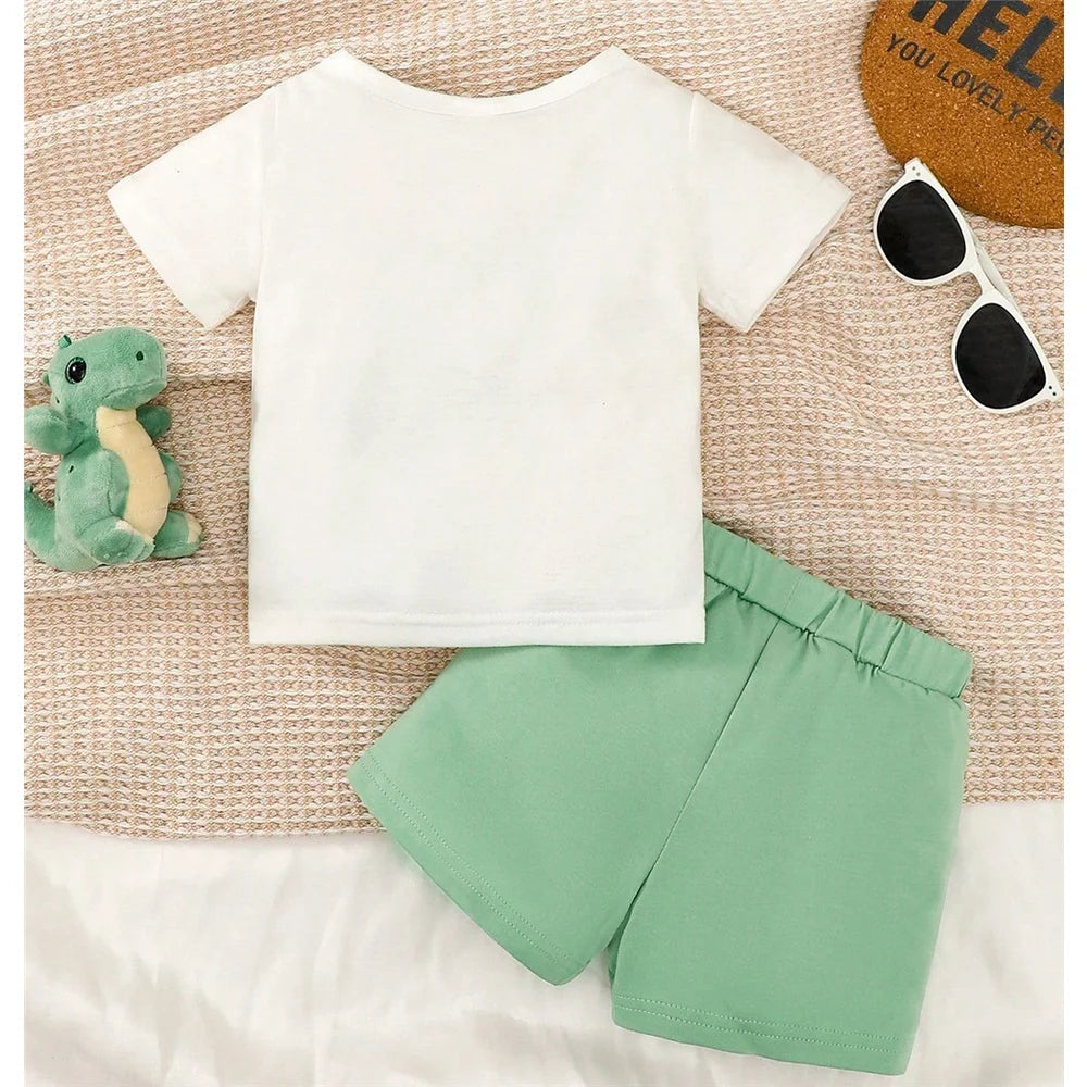 Baby Boy Dinosaur Set - White Top and Brown Shorts