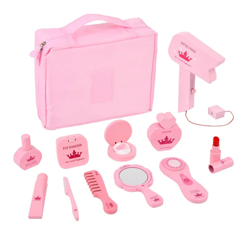 New Wooden Girls Makeup Set Pink Make Up Bag Toy Wood Simulation Cosmetic Handbag Pretend Play Toys For Girl Gifts Pretend Play