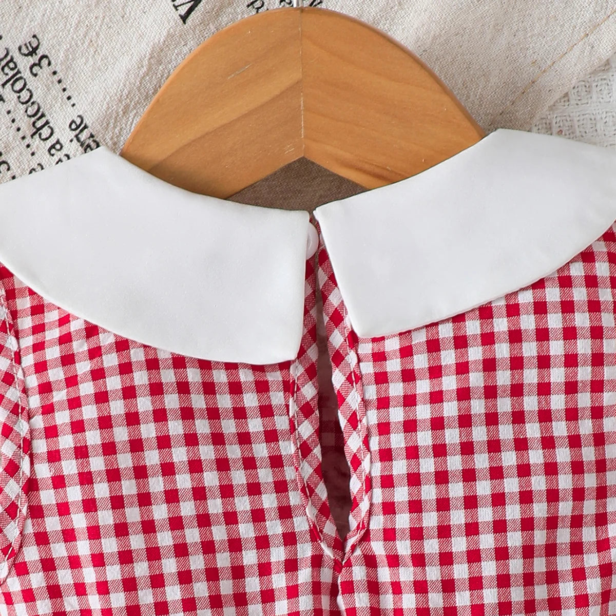 Cute Baby Girl Dress Doll Collar Strawberry Print in Red Checkered Pattern Dress