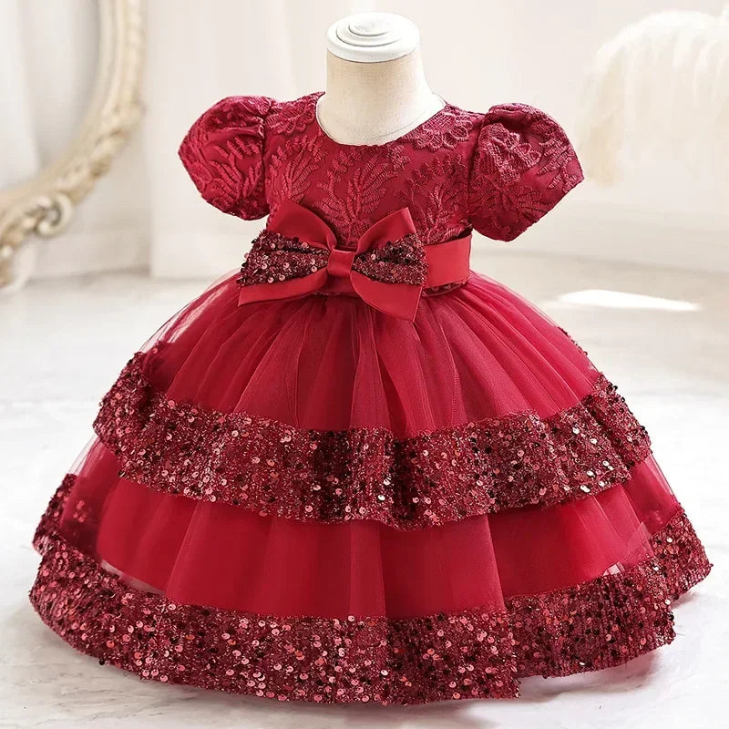 Fashion Bow Girls Party Dresses Cotton Short Sleeve Bridesmaid Dress