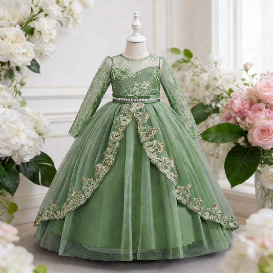 Kids white long sleeve lace elegant girls princess dress