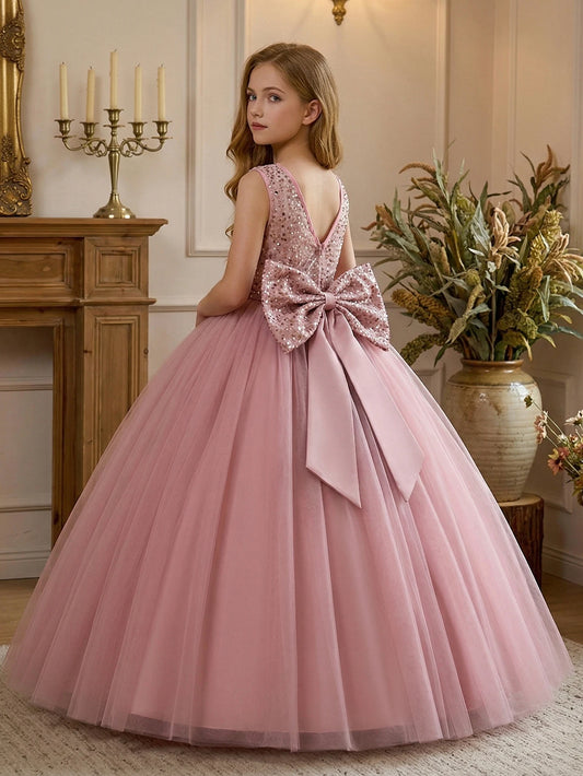 Girl Party Dress Pink Long-style Evening Dress with Large Bow V-neck Evening Dress