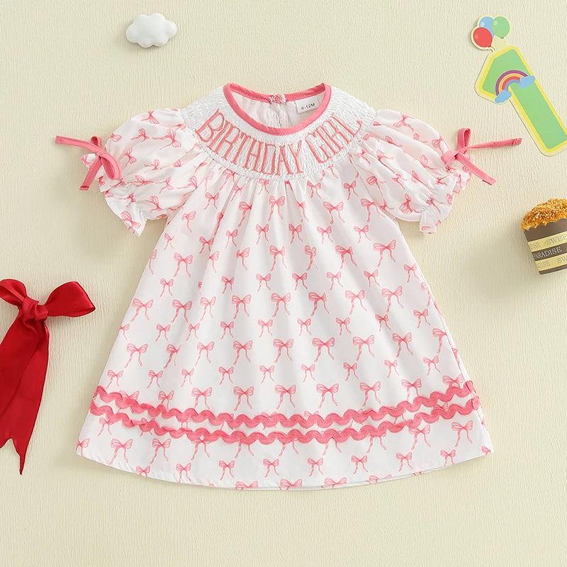 Toddler Girl Birthday Dress with Puff Sleeves and Embroidered Letters