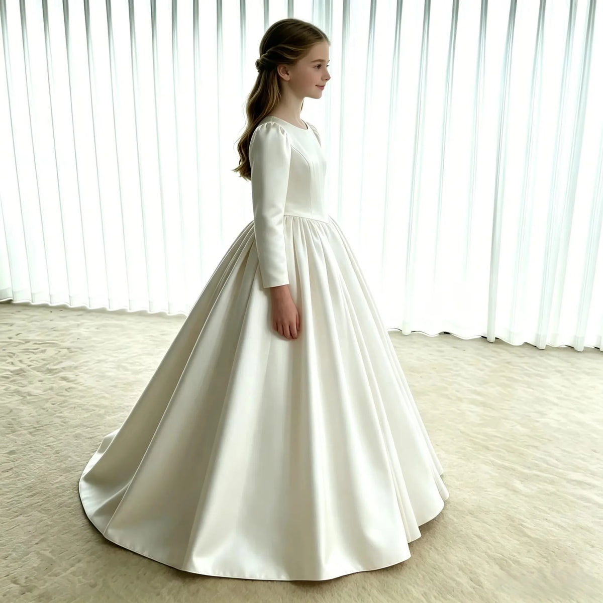 Girls First Communion Dress New Long Sleeves Satin Elegant Tail Evening Gown Girls Wedding Party Princess Dress for Juniors